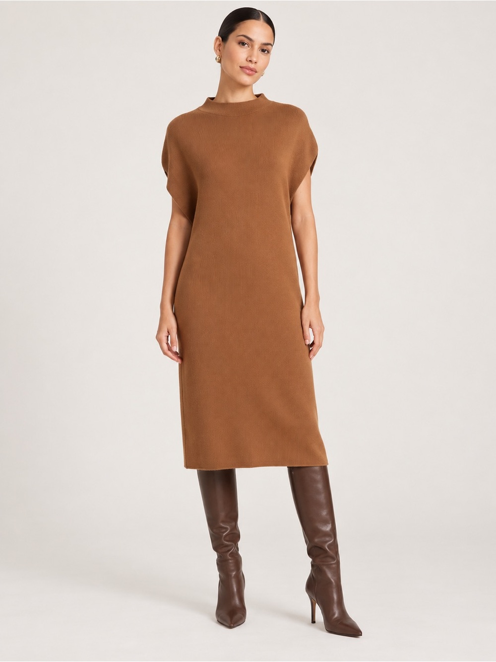 Club Monaco Ribbed Funnel Neck Wool Blend Sweater Dress In Camel Size L